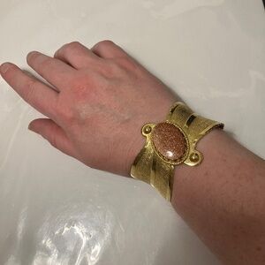 Glass goldstone, vintage cuff bracelet, gold tone, clamper style 6.25"